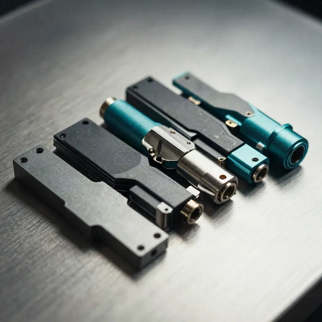 Precision circuit shields, thermal pads, and connector shells on brushed aluminium