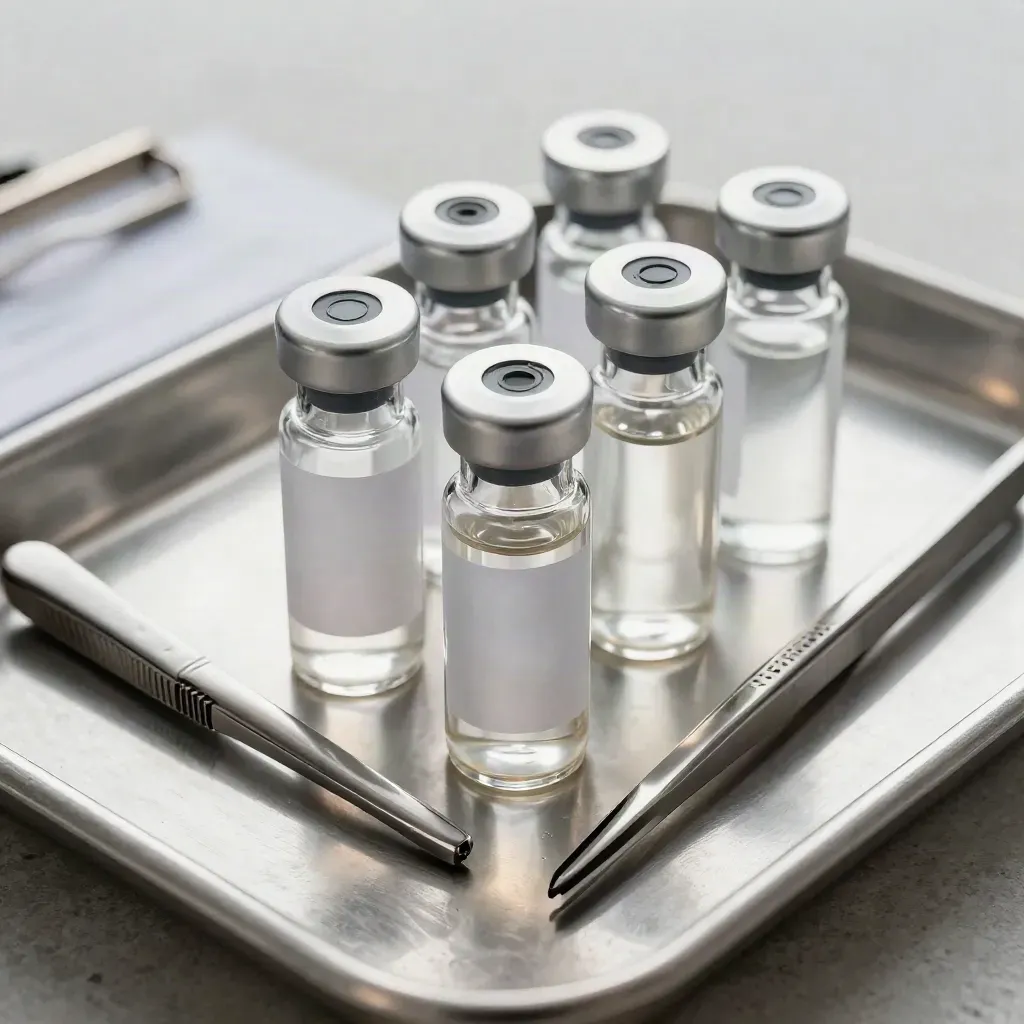 Lab vials, slide case and tweezers arranged on cool stone with dramatic studio light