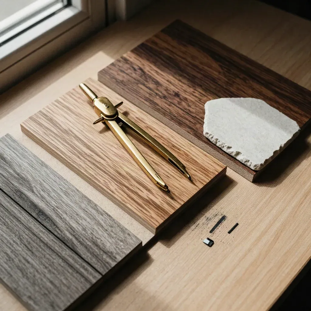 Overhead architectural materials sample board with brass compass, veneer swatches and stone chip.
