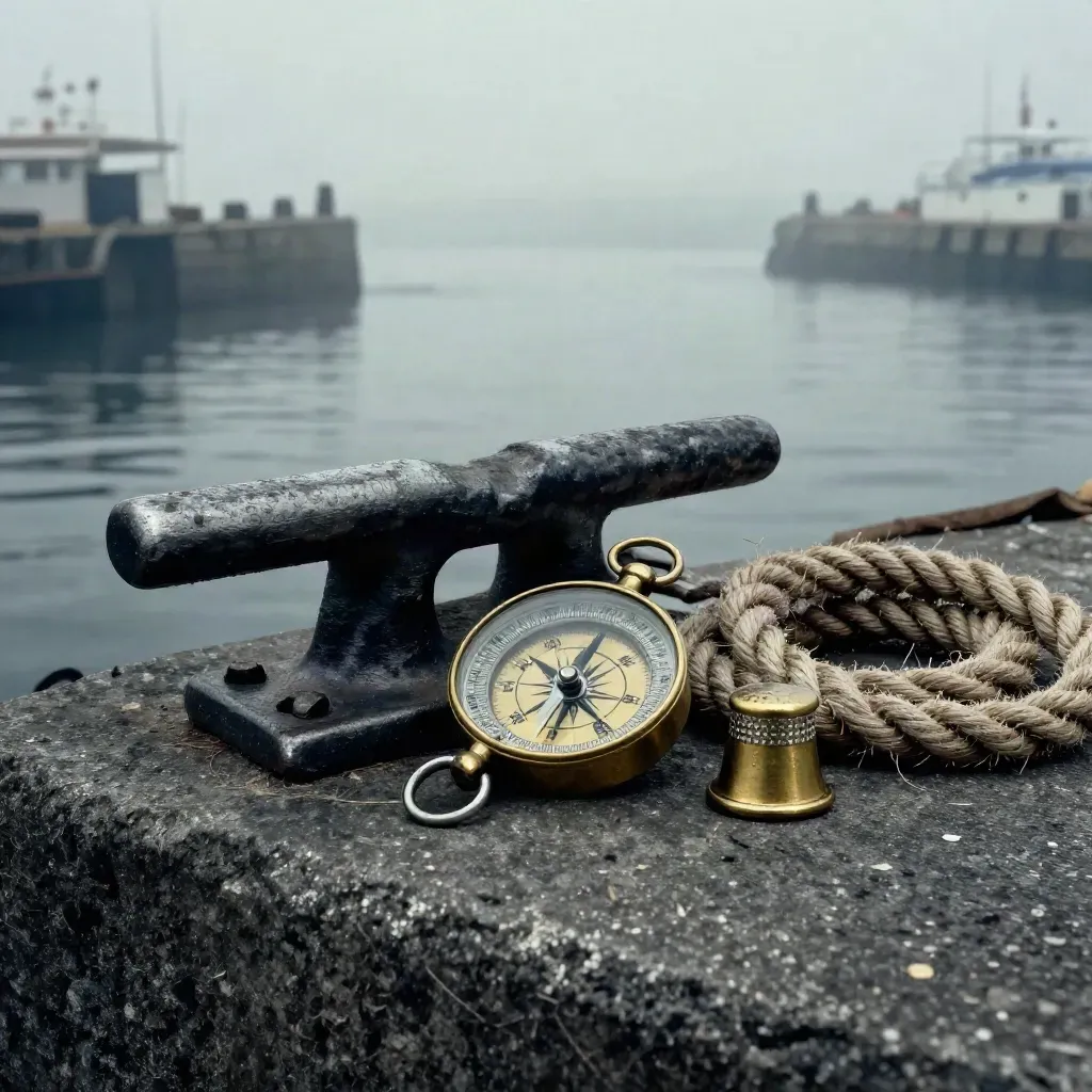 Harbour tools on dark concrete: cleat, compass, cargo seal and rope in dramatic misted light.