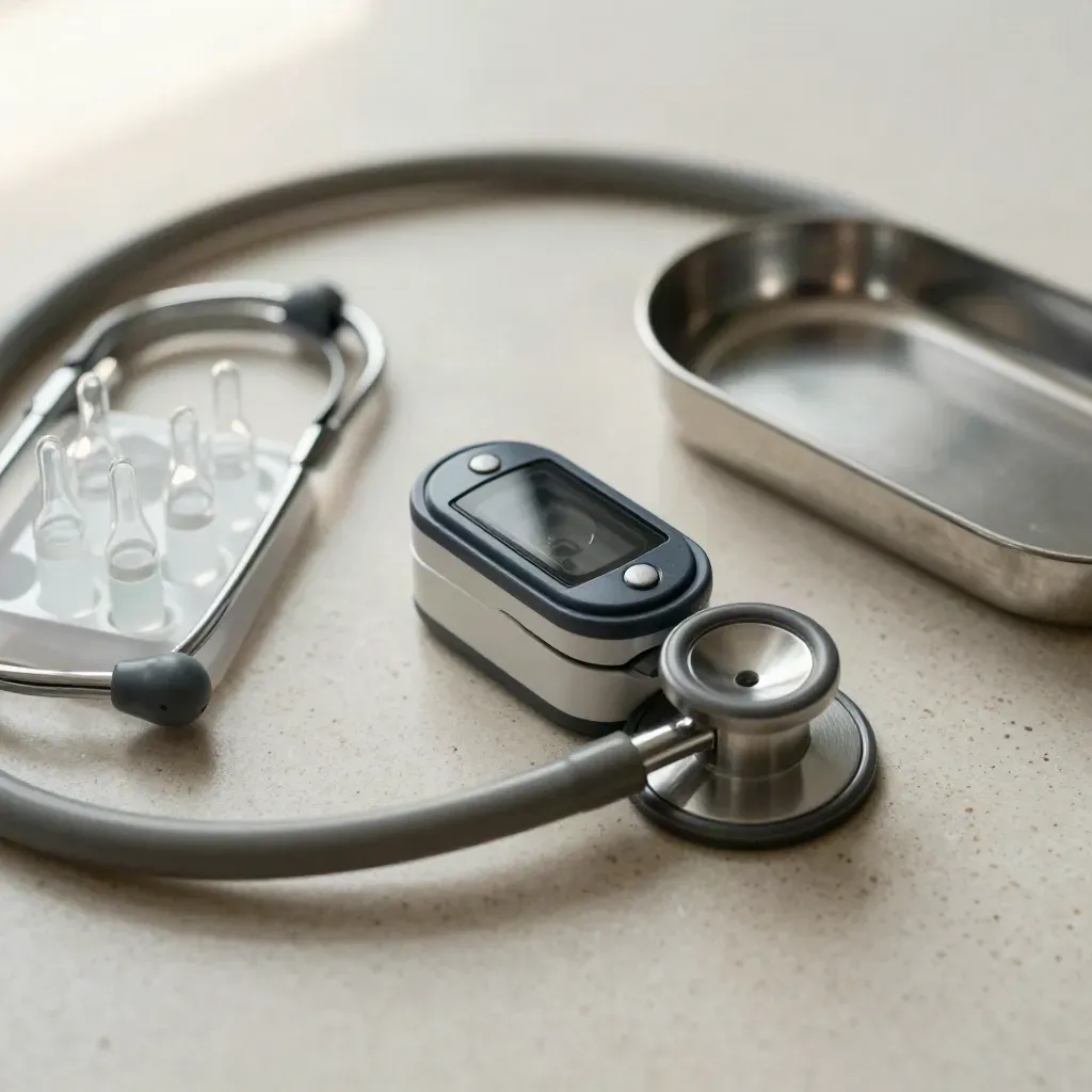 Macro still life of stethoscope tubing, ampoules, pulse oximeter clip, and steel dish on stone.