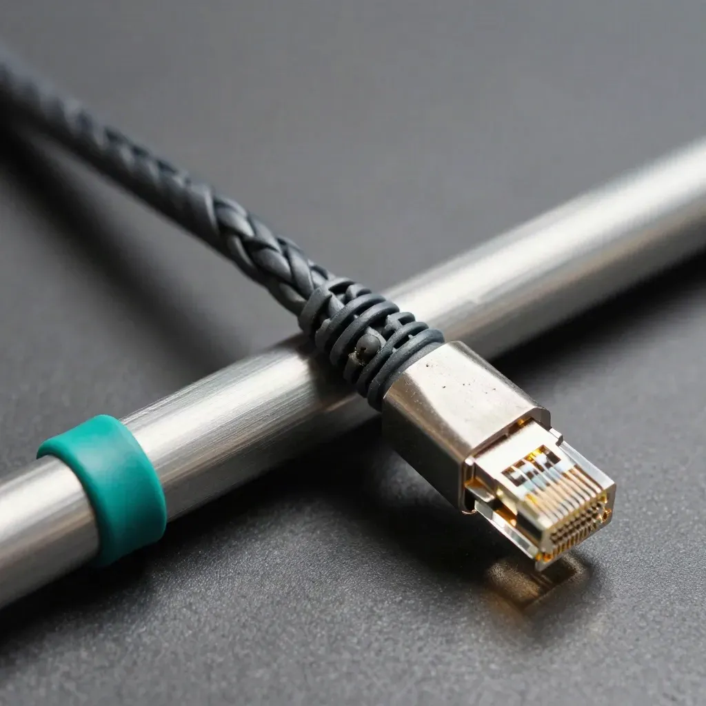 Macro of an ethernet cable pulled through an aluminium conduit with teal accent