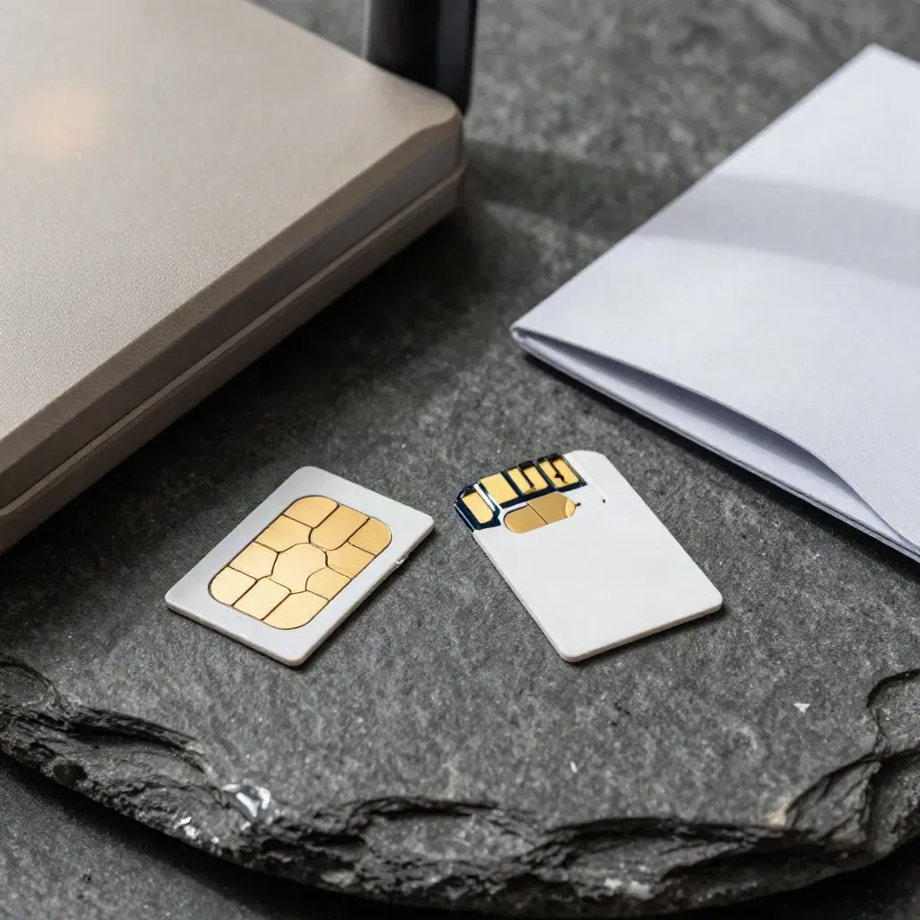 Top-down macro of micro-SIM cards, router shell, and privacy sleeve on dark stone.