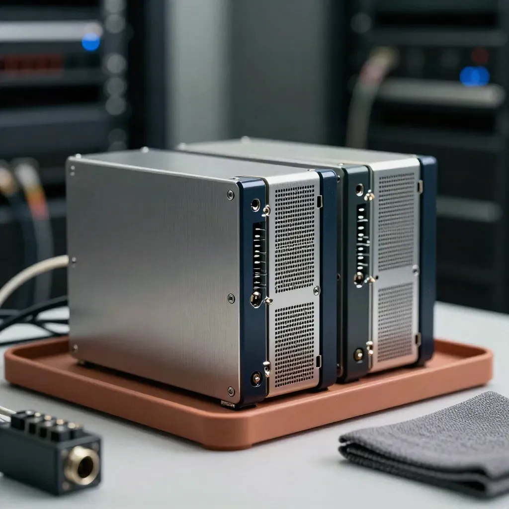 Three stacked server modules with cable ends on a clay-toned surface, low-angle macro