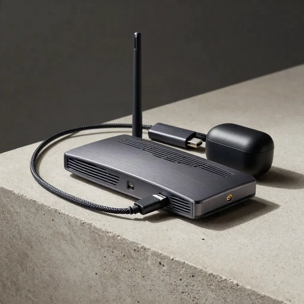 Travel router, USB-C cable, media stick and headphones case on pale concrete.