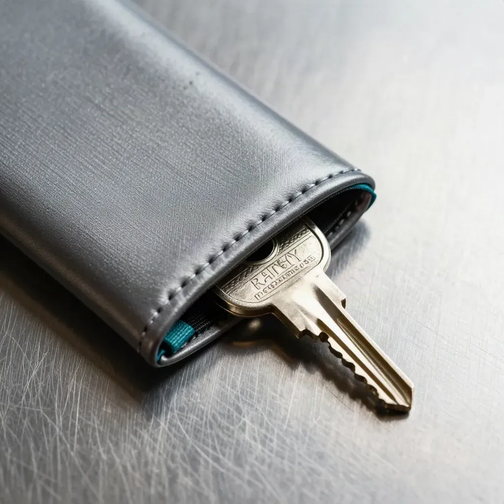 RFID sleeve and metal privacy pouch closing over a key on brushed steel.