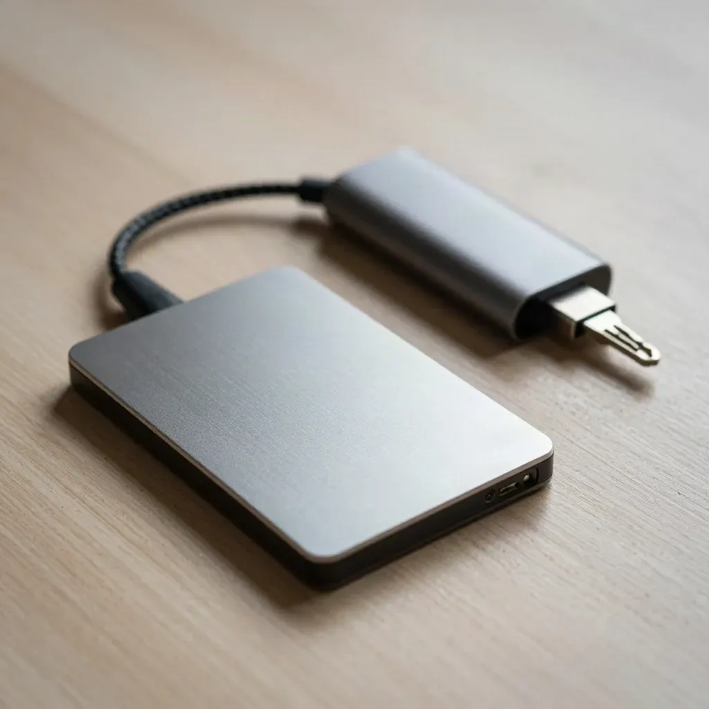 Encrypted SSD, cable lock, security key and USB-C hub on pale wood in soft light