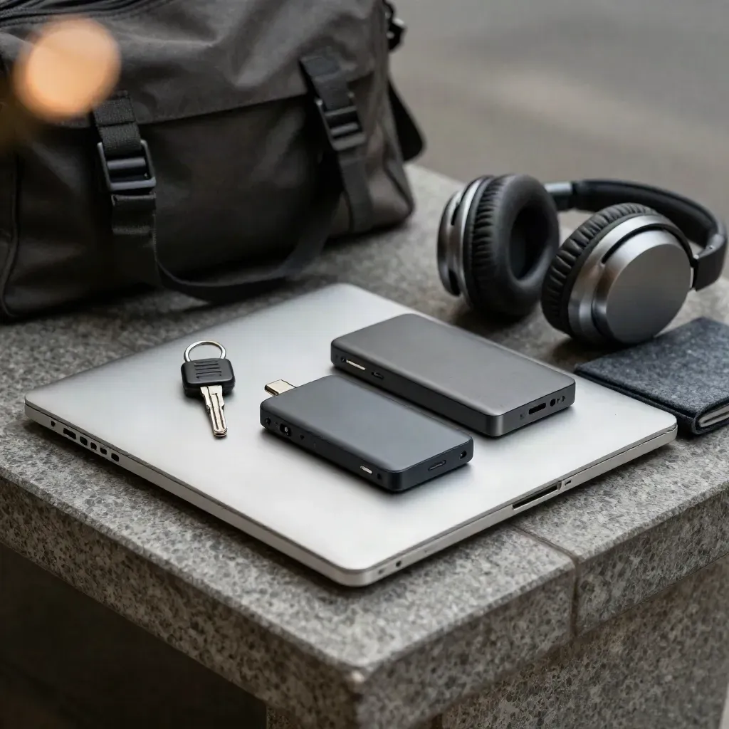 Packed remote-work kit with laptop, security key, SSD, dock and headphones beside a messenger strap.