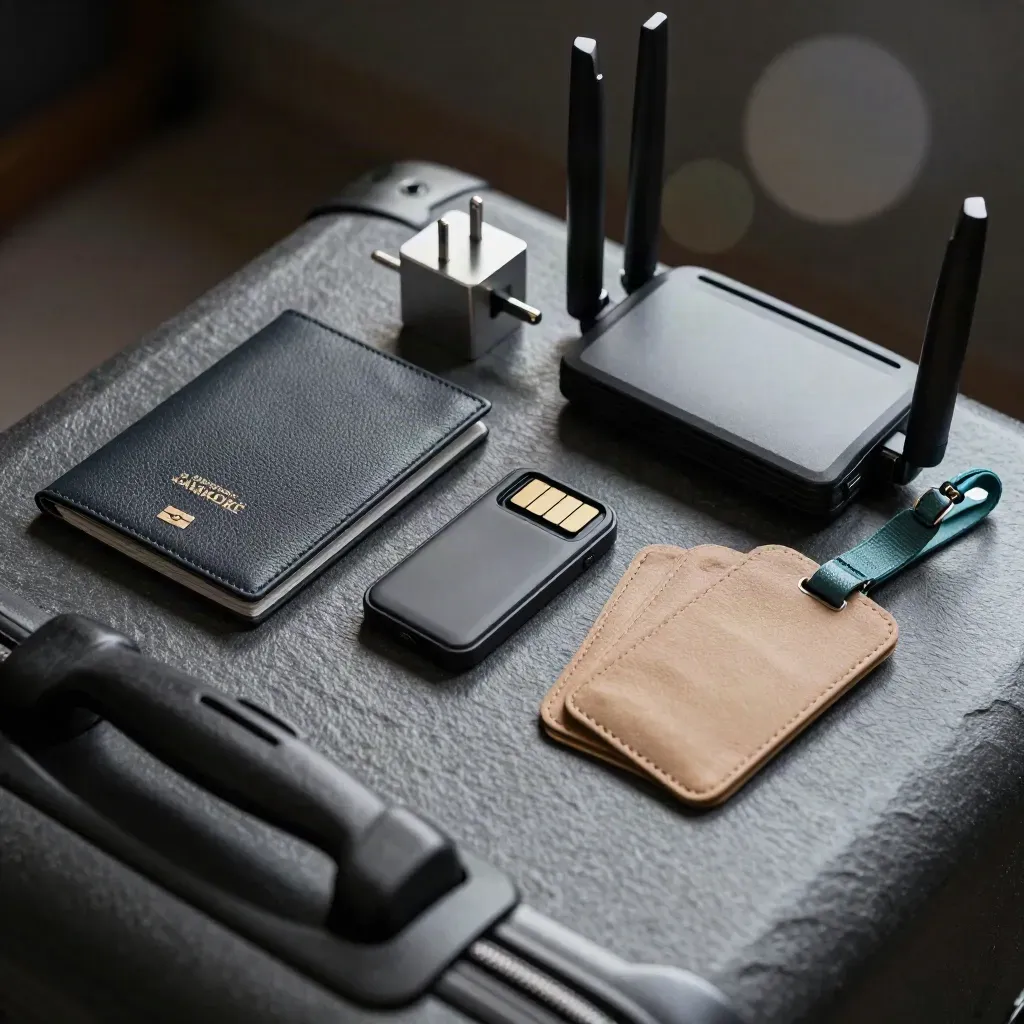 Travel VPN essentials on brushed stone: passport sleeve, adapter, router, SIM tray case, luggage tag.