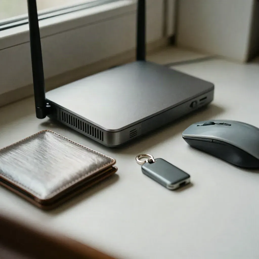 Router and privacy gear on a pale windowsill, seen through a blurred window latch.