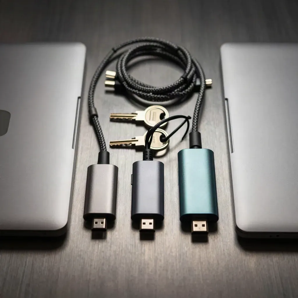 Top-down flat lay of closed laptops, security keys, hubs and cables on brushed metal.