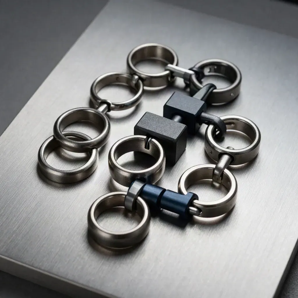 Top-down steel rings, graphite blocks, and cable clips on brushed aluminium, linked like a tidy chain.