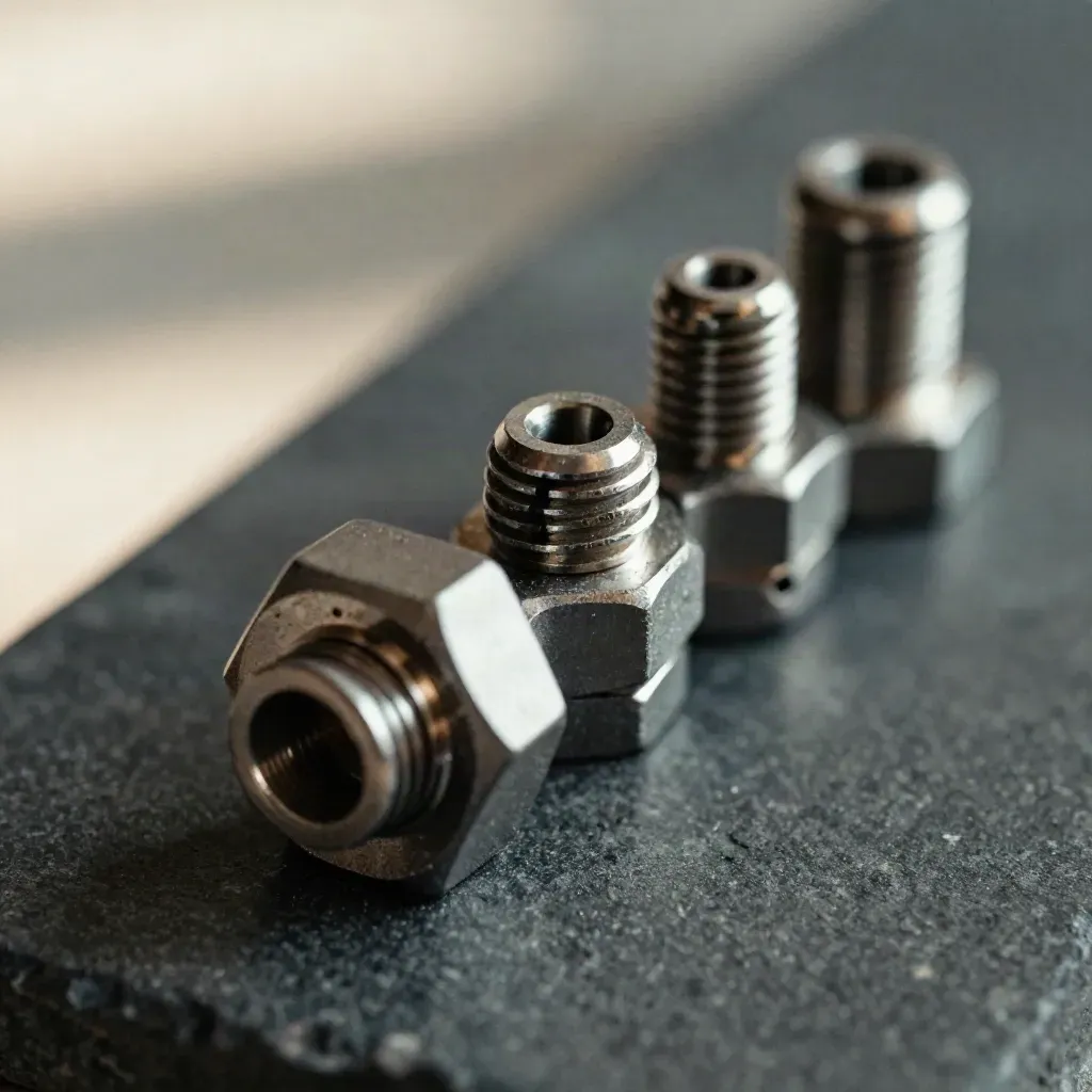 Macro of machined metal couplers and pins arranged on dark stone, softly lit.
