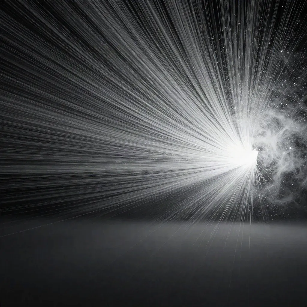 Silver filaments converging into a soft white glow in dark graphite haze.